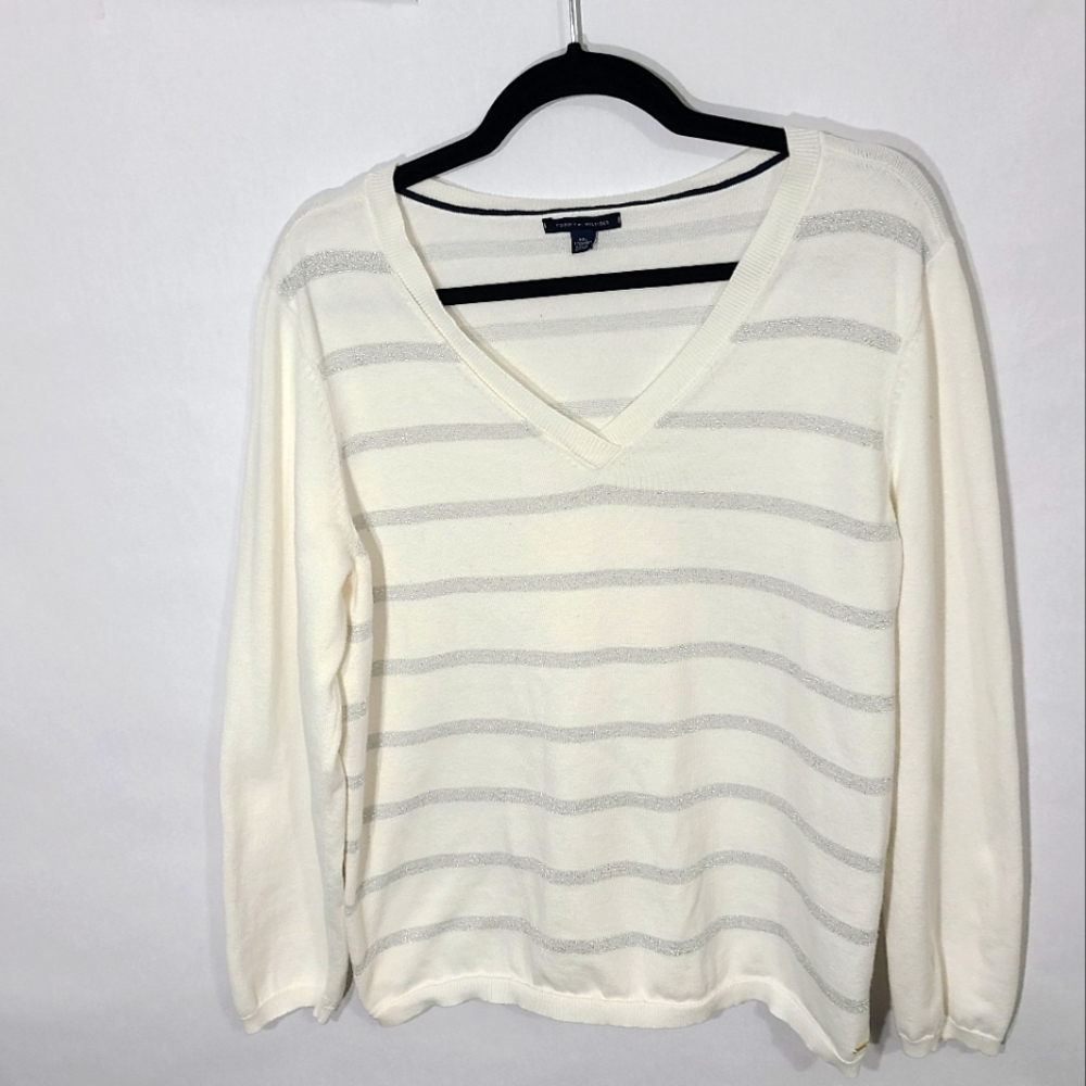 Tommy Hilfiger Women's Size XXL White Sweater with‎ Stripes and Sparkles Comfy